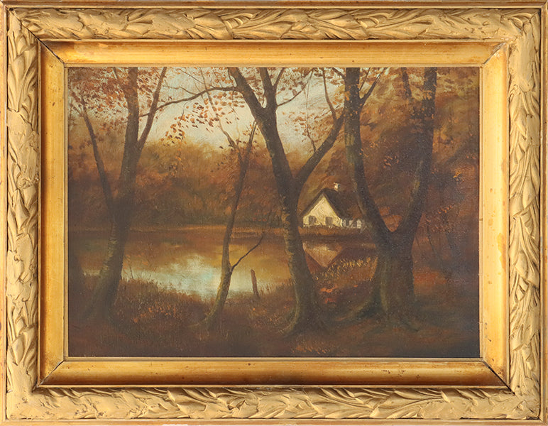 Antique American School Lake with House 24W x 19H - Cleared