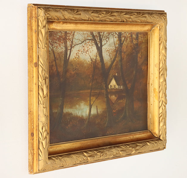 Antique American School Lake with House 24W x 19H - Cleared