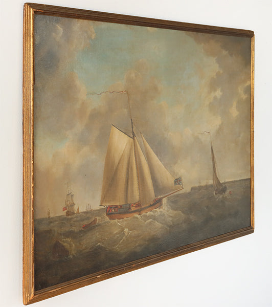 Large Antique Coastal Seascape With Sailboat 62W x 38H - Cleared