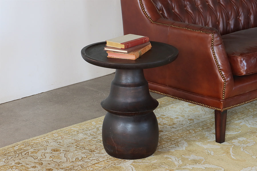 Carved Mango Wood End Table in Walnut Finish