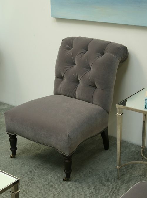 Grey Velvet Tufted Slipper Chair with Nailhead Trim 1