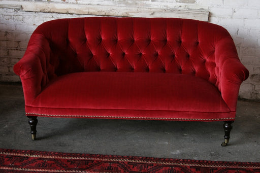Ruby Red Tufted Velvet Loveseat with Brass Nailhead 9