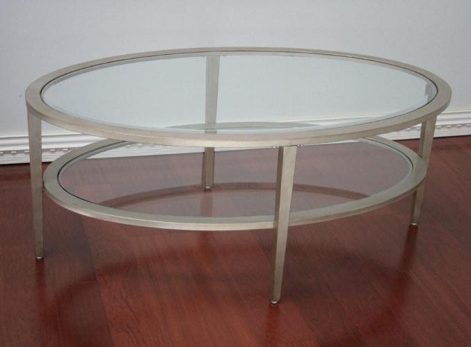Matte Silver Oval Coffee Table with Glass Top and Undershelf 1 8