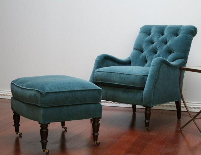 Peacock Blue Velvet Tufted Chair and Ottoman 8