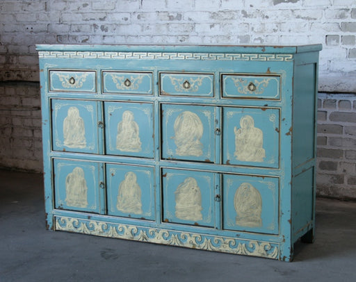 Nile Blue Painted Tibet Cabinet with Antique Gold Figures 7