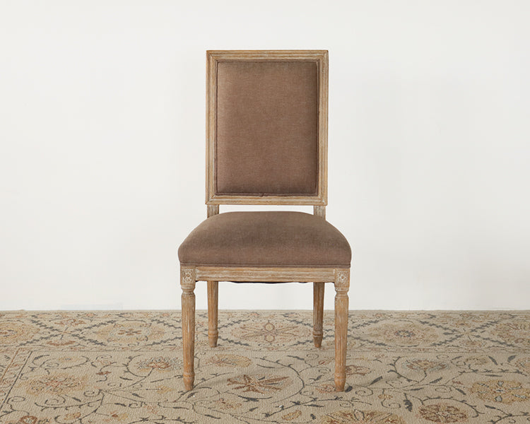 Limed Gray Louis Side Chair with Aubergine Linen Upholstery
