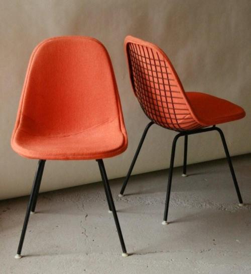 Eames Metal Wire Side Chair with Orange Wool Upholstery 7