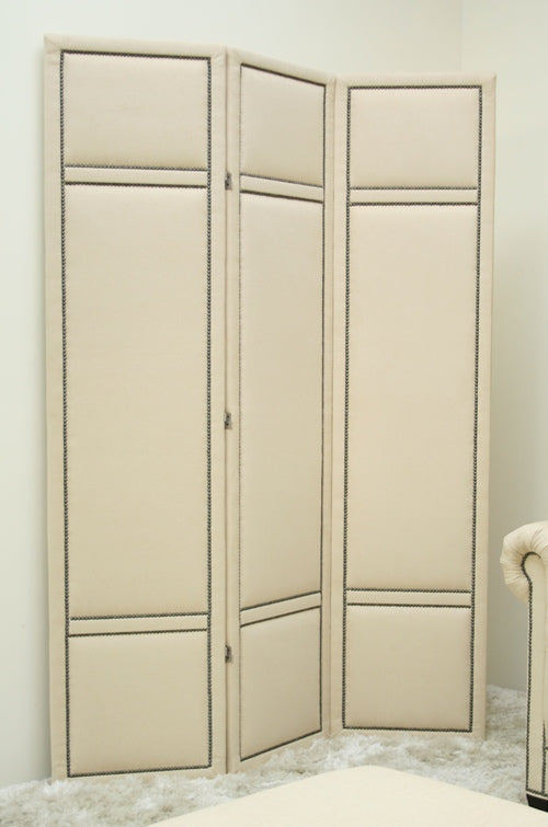 Cream 3 Panel Screen with Small Pewter Nails 1