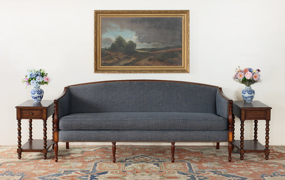 Blue Upholstered Sheraton Style Sofa