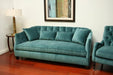 Curved Peacock Velvet Sofa with Tufted Back and Toss Pillows 7