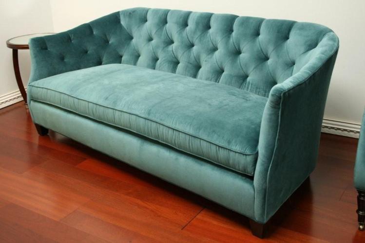 Curved Peacock Velvet Sofa with Tufted Back and Toss Pillows 7