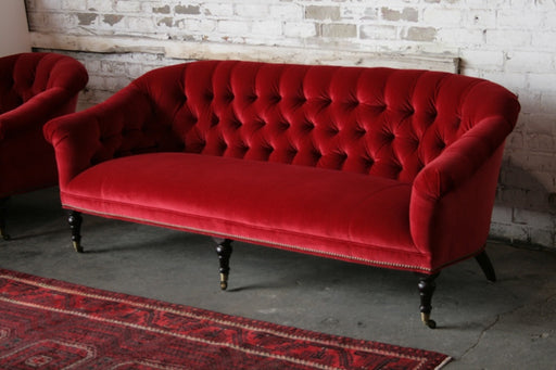 Ruby Red Tufted Velvet Sofa with Brass Nailhead 9