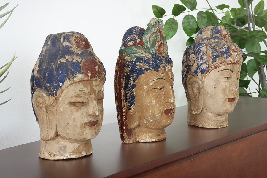 Set of 3 Assorted Wood Buddha Heads
