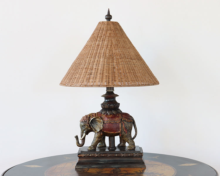 Antique Wood Carved Elephant Table Lamp
