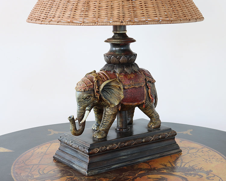 Antique Wood Carved Elephant Table Lamp