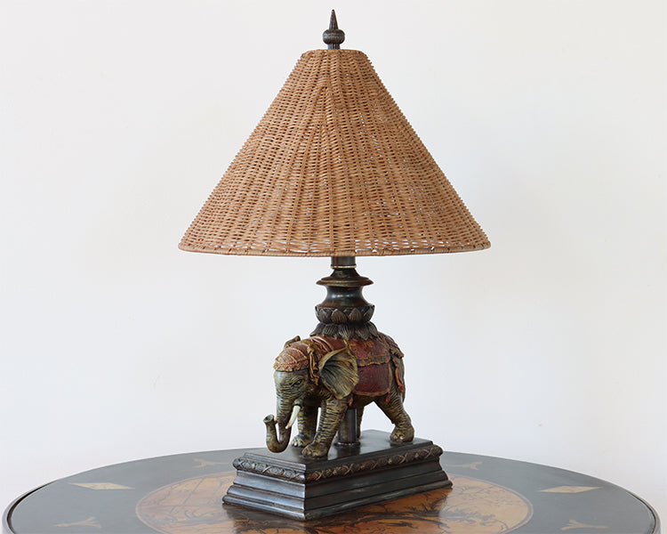 Antique Wood Carved Elephant Table Lamp