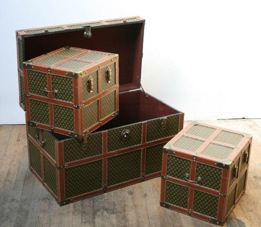 Set of 3 Fleur de Lis Trunks with Leather Straps 7