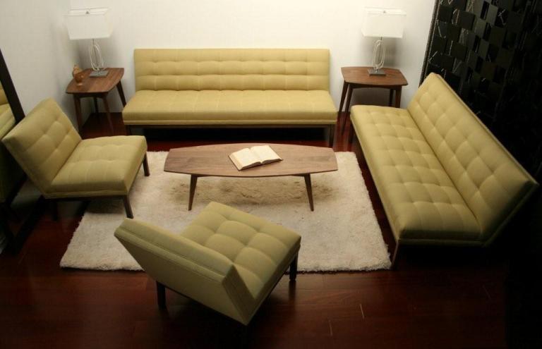 Tufted Celery Armless Upholstery Set with Simple Walnut Table Set 3 9