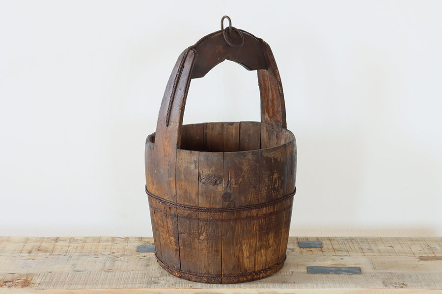 Antique Asian Well Bucket with Wood Handle