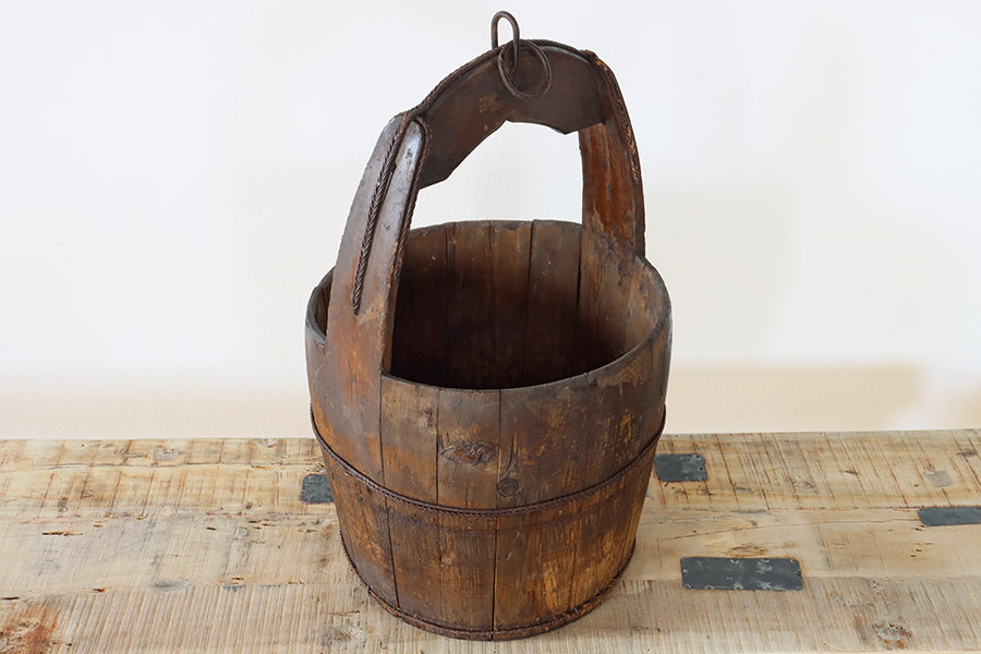 Antique Asian Well Bucket with Wood Handle