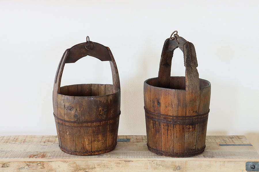 Antique Asian Well Bucket with Wood Handle