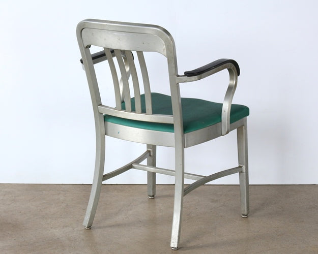 Slatback Metal Armchair with Green Vinyl Seat & Back