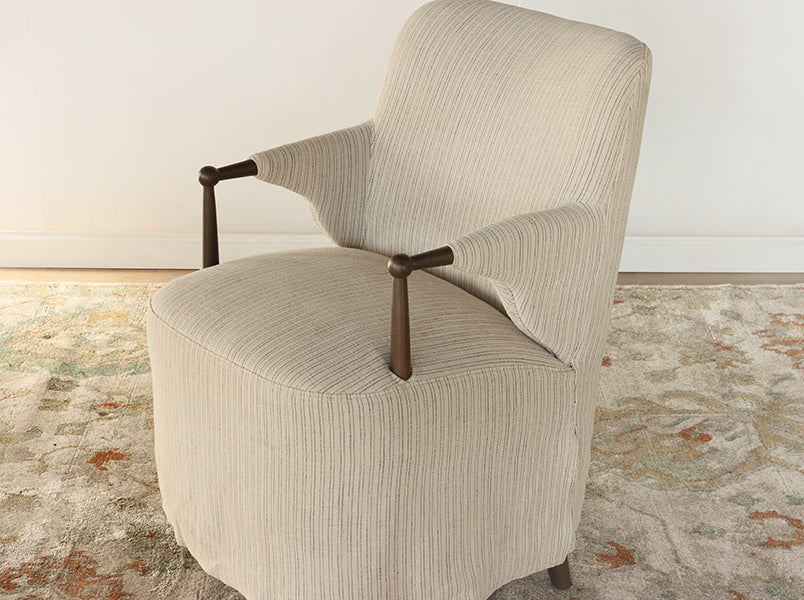 Sand and Navy Flax Linen Arm Chair with Skirt