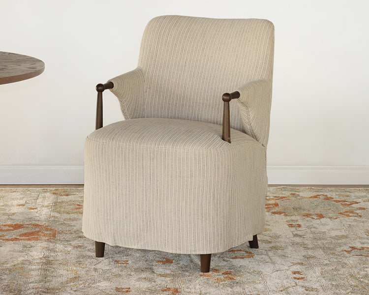 Sand and Navy Flax Linen Arm Chair with Skirt