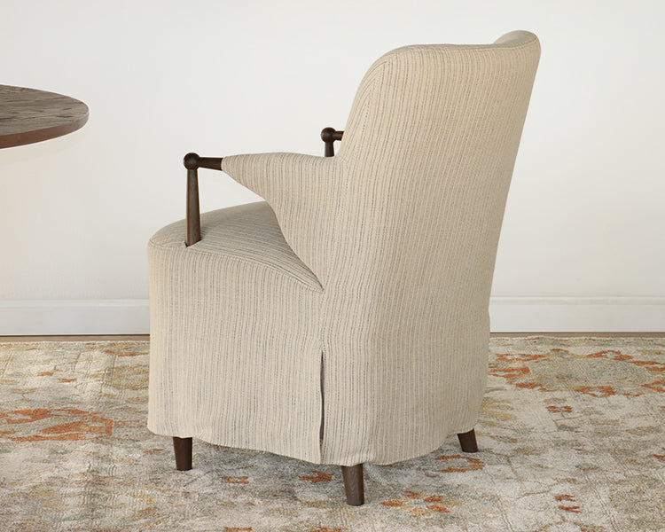 Sand and Navy Flax Linen Arm Chair with Skirt