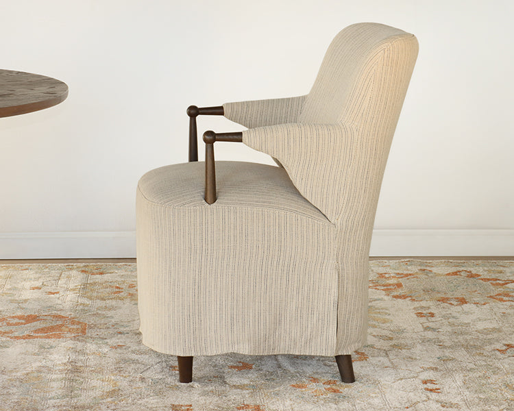 Sand and Navy Flax Linen Arm Chair with Skirt