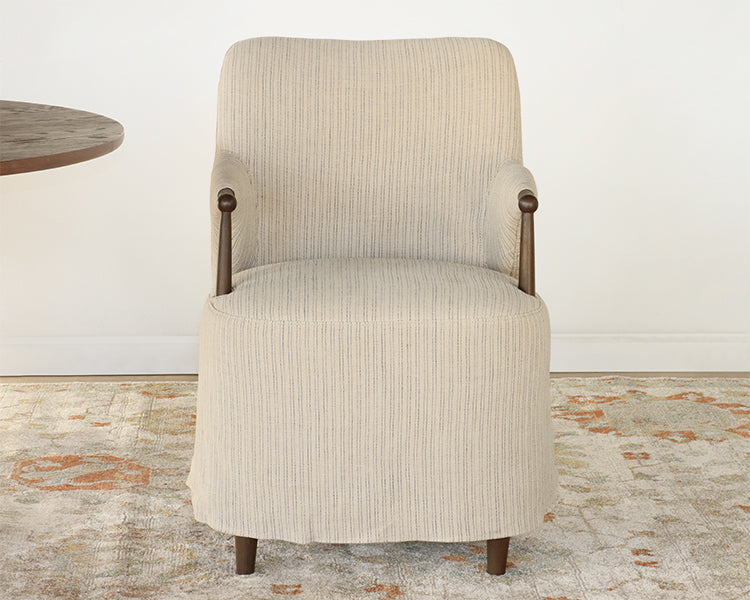 Sand and Navy Flax Linen Arm Chair with Skirt