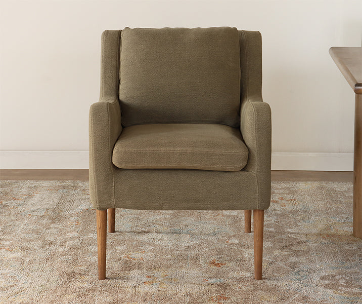 Olive Linen Track Arm Chair with Tapered Legs