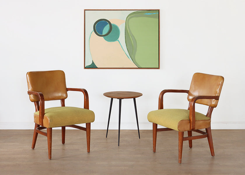 Vintage Upholstered Armchair with Wooden Arms