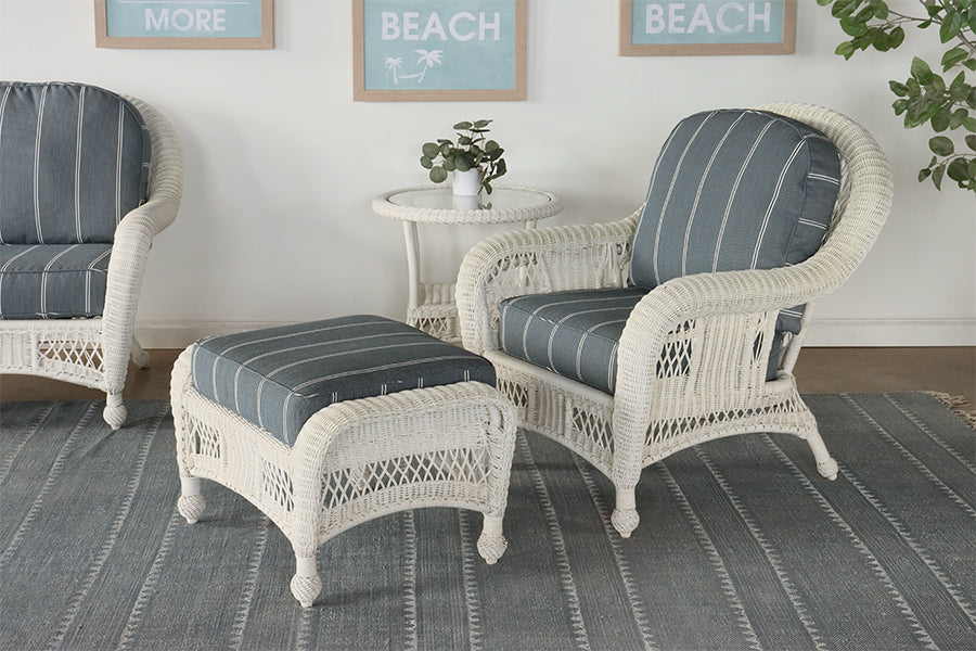 White Wicker Arm Chair with Blue and White Cushion