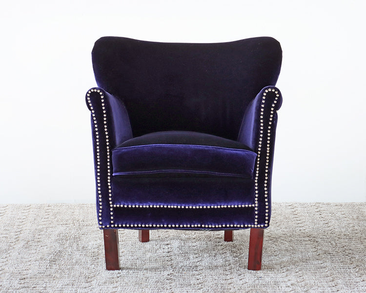 Royal Blue Velvet Small Arm Chair with Nickel Nailhead Trim