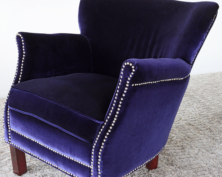 Royal Blue Velvet Small Arm Chair with Nickel Nailhead Trim