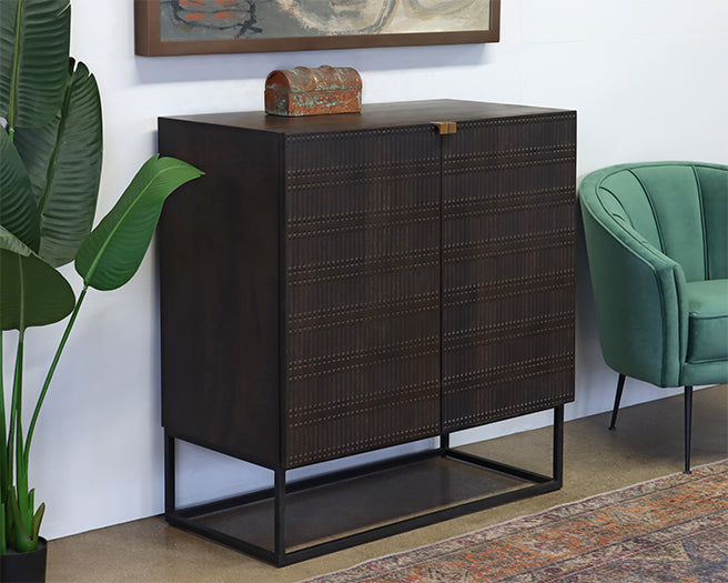 Carved Mango Wood Bar Cabinet in Vintage Brown