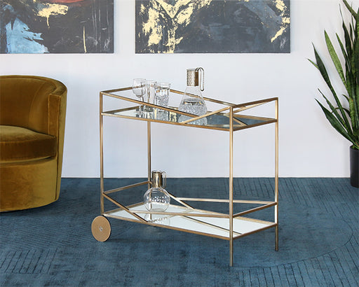 BARCART25 - Angled Brass Bar Cart With Silver Mirrored Shelves