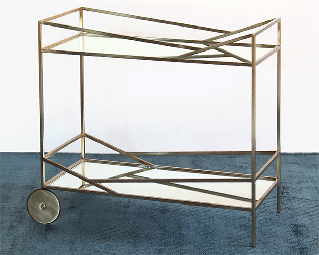 BARCART25 - Angled Brass Bar Cart With Silver Mirrored Shelves