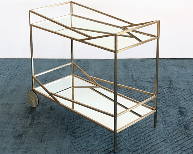BARCART25 - Angled Brass Bar Cart With Silver Mirrored Shelves
