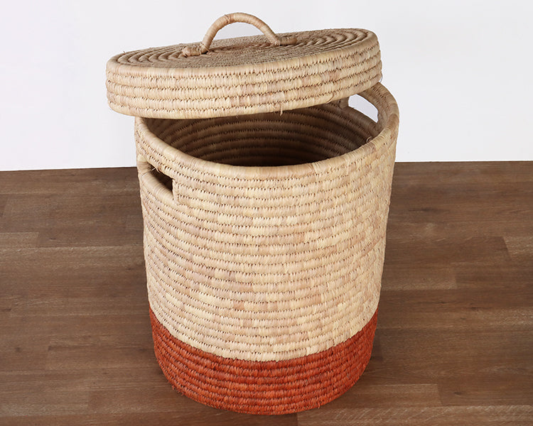 Natural And Brown Hand Coiled Basket With Lid