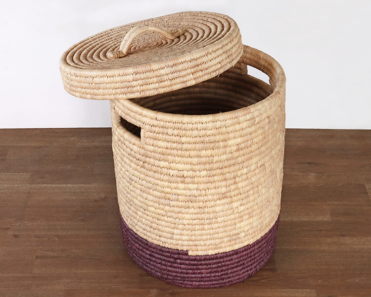 Natural And Black Hand Coiled Basket With Lid