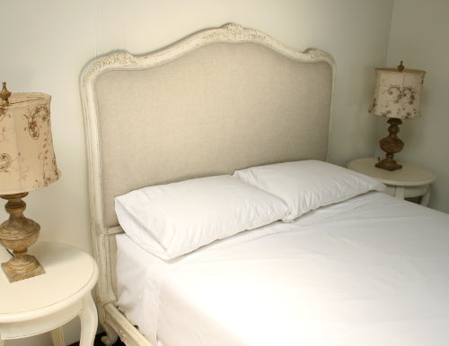 Antique Cream French Style Queen Bed with Natural Linen Upholstery