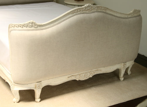 Antique Cream French Style Queen Bed with Natural Linen Upholstery