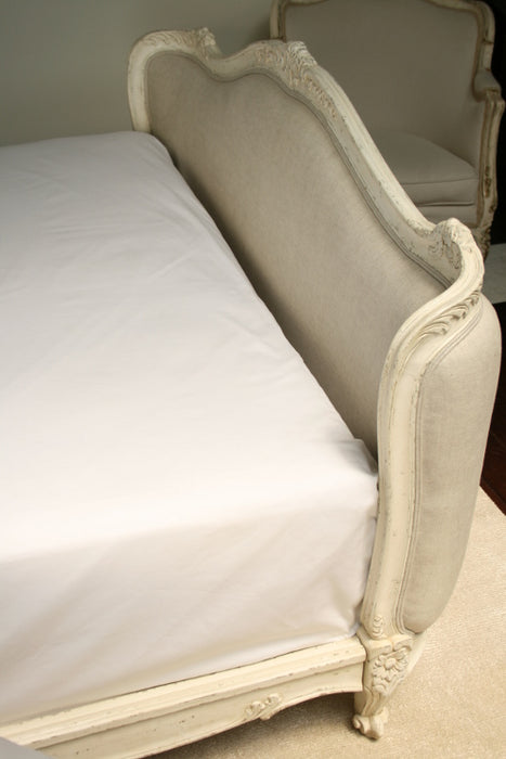 Antique Cream French Style Queen Bed with Natural Linen Upholstery