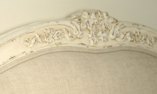 Antique Cream French Style Queen Bed with Natural Linen Upholstery