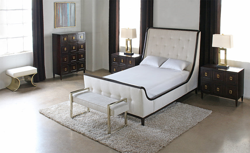 Jet Set Bench in White Fabric with Square Brass Legs