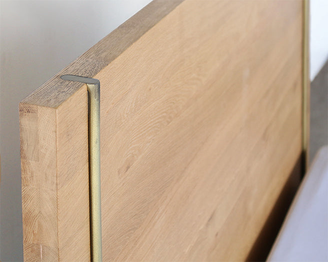 Danish Modern Natural Oak Queen Bed With Brass Legs