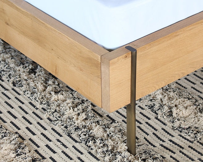 Danish Modern Natural Oak Queen Bed With Brass Legs