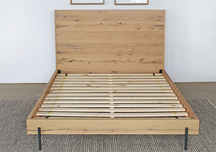 Light Oak Queen Plank Bed With Gunmetal Front Legs